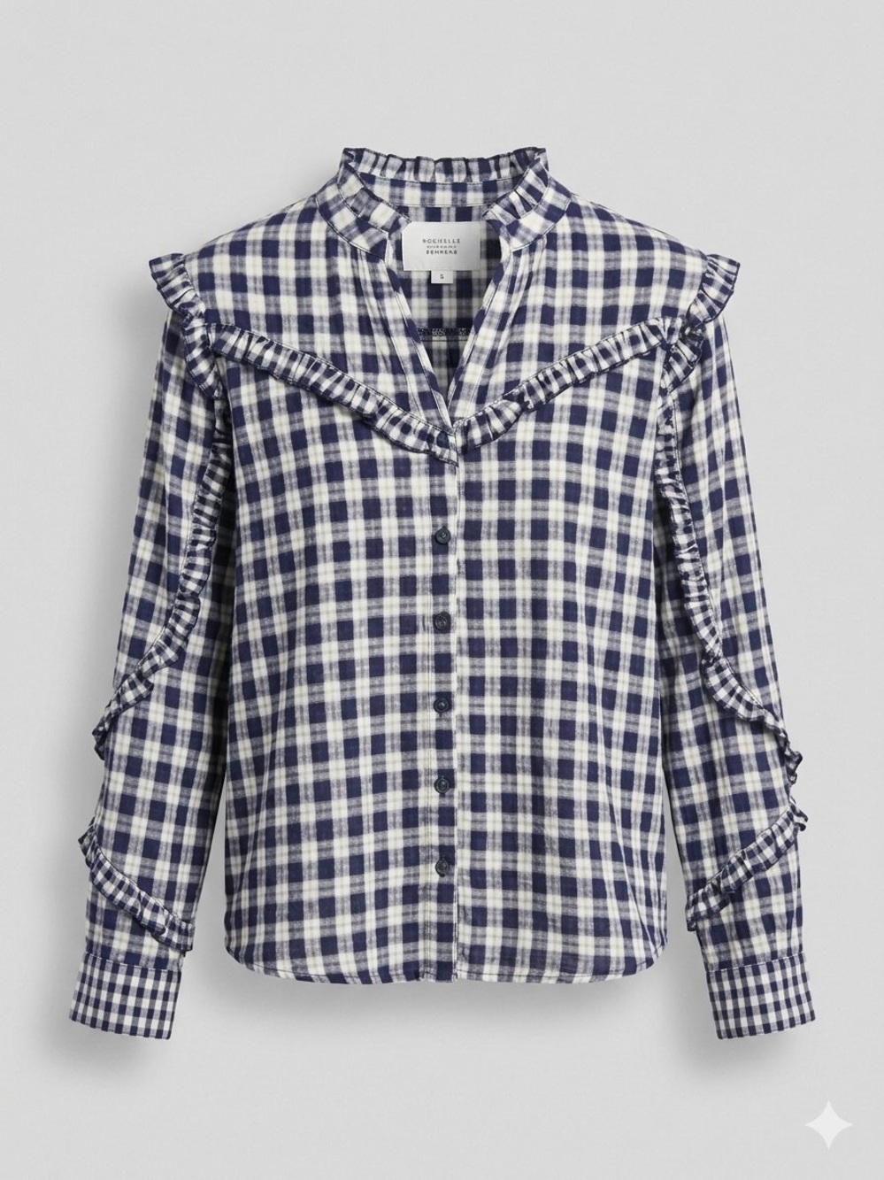 Rochelle BEHRENS/ women’s Navy & White Plaid Ruffle Button Shirt/ S / NWT/